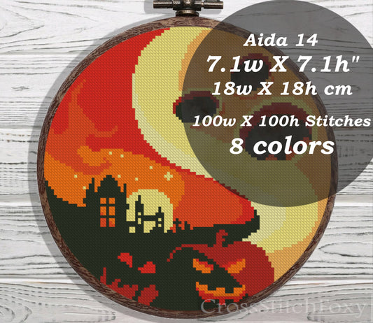 Halloween spooky ghost pumpkin castle landscape cross stitch pattern