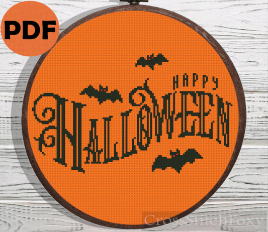 Happy Halloween spooky lettering cross stitch pattern