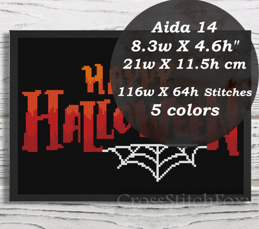 Happy Halloween spooky spiderweb cross stitch pattern