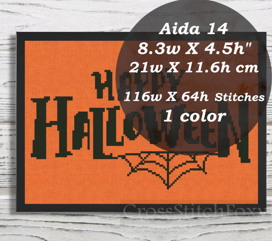 Happy Halloween spooky spiderweb cross stitch pattern