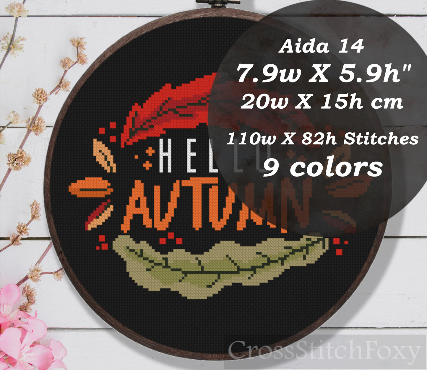 Hello Autumn Fall Leaves Cross Stitch Pattern PDF