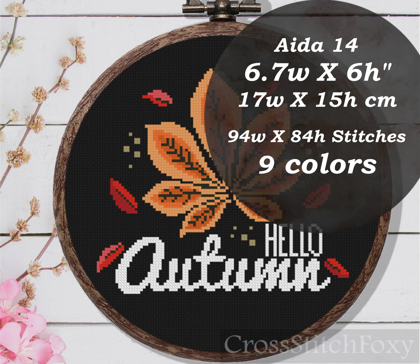 Hello Autumn Fall Leaves Cross Stitch Pattern PDF