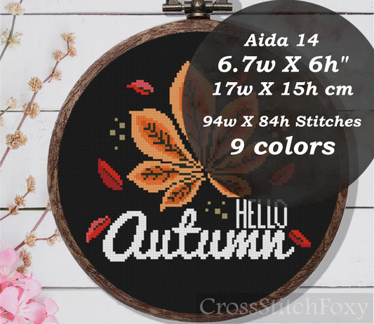 Hello Autumn Fall Leaves Cross Stitch Pattern PDF