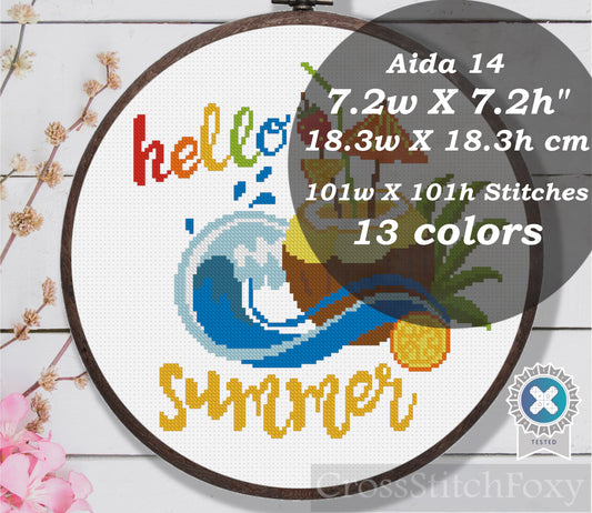 Hello Summer Coconut Cocktail Cross Stitch Pattern