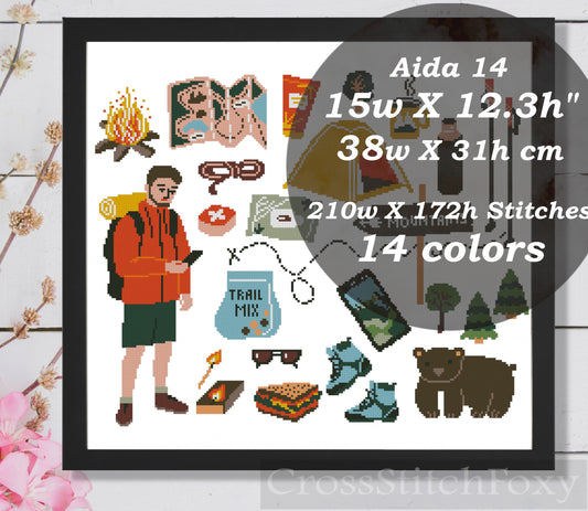 Hiking Man Camping Elements Cross Stitch Pattern