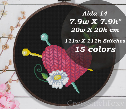 Knitted Heart Flower Cross Stitch Pattern