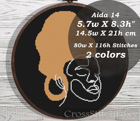 Line Art Black Girl Portrait cross stitch pattern