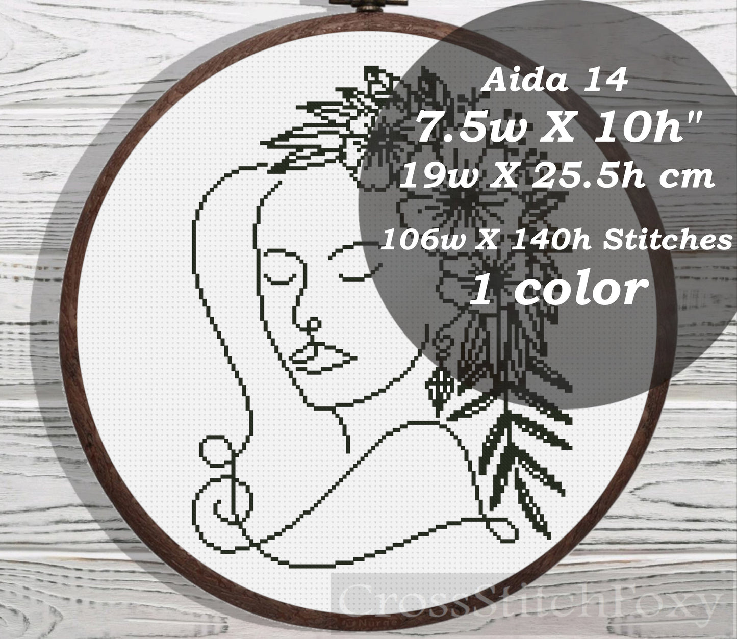 Line Art Female Floral Portrait cross stitch pattern