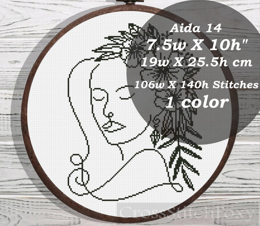 Line Art Female Floral Portrait cross stitch pattern
