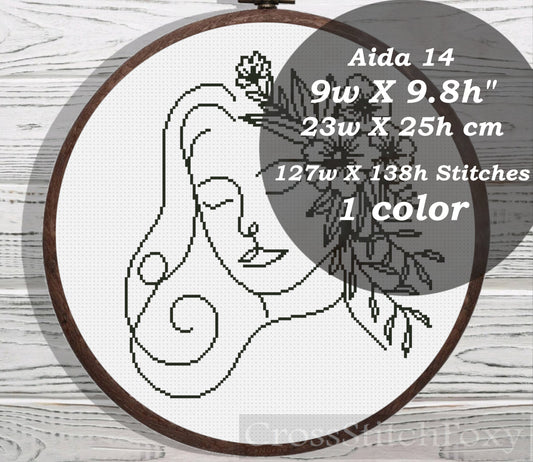 Line Art Female Floral Portrait cross stitch pattern