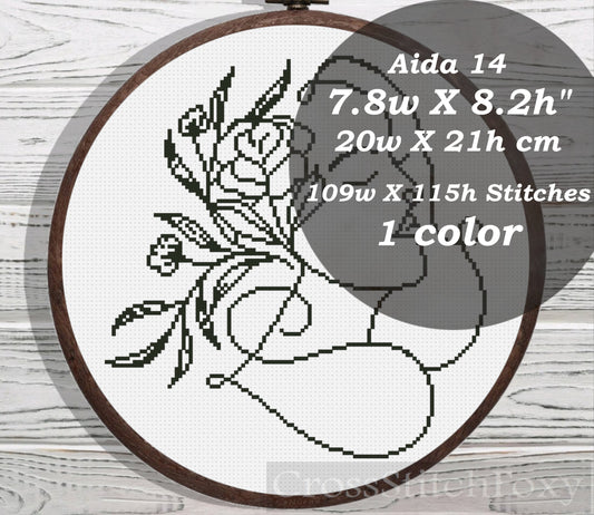 Line Art Girl Floral Portrait cross stitch pattern