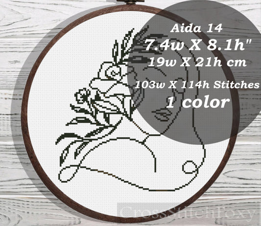 Line Art Girl Floral Portrait cross stitch pattern