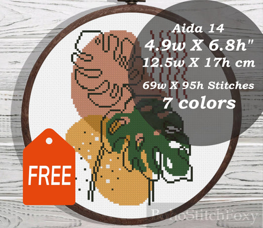 Line art monstera leaves cross stitch pattern