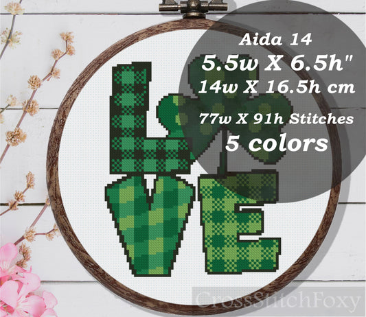 Love St Patrick Tartan Shamrock Cross Stitch Pattern