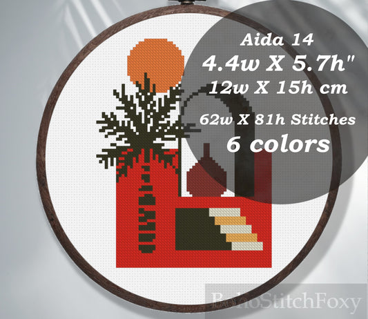 Mid century landscape cross stitch pattern