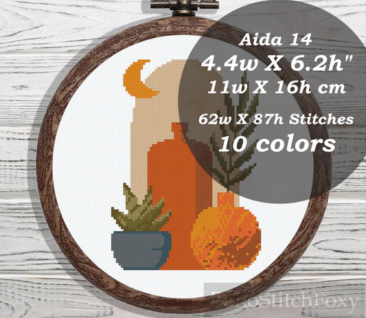 Modern abstract aesthetic pot vase moon cross stitch pattern