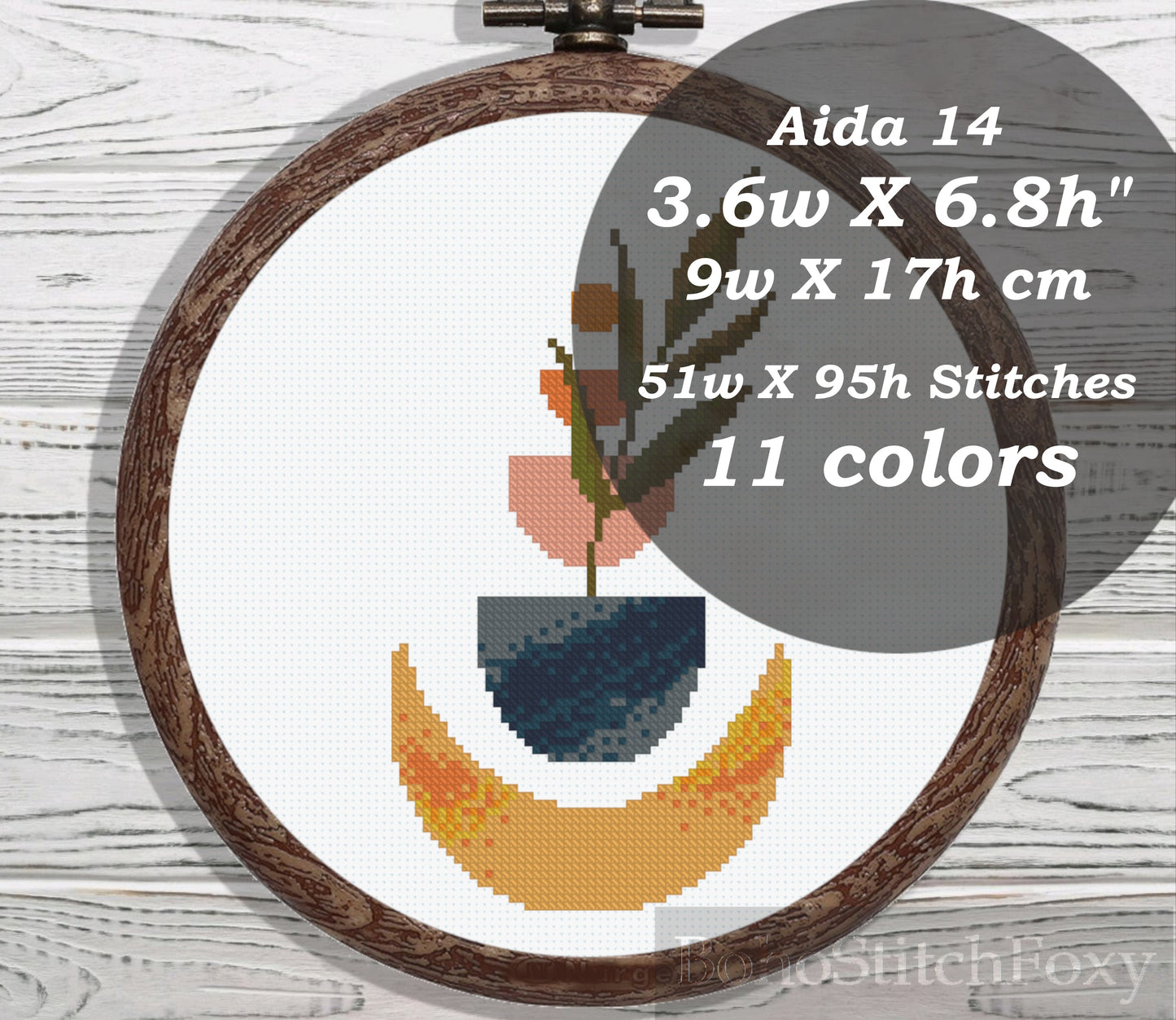 Modern abstract aesthetic pot vase moon phases cross stitch pattern