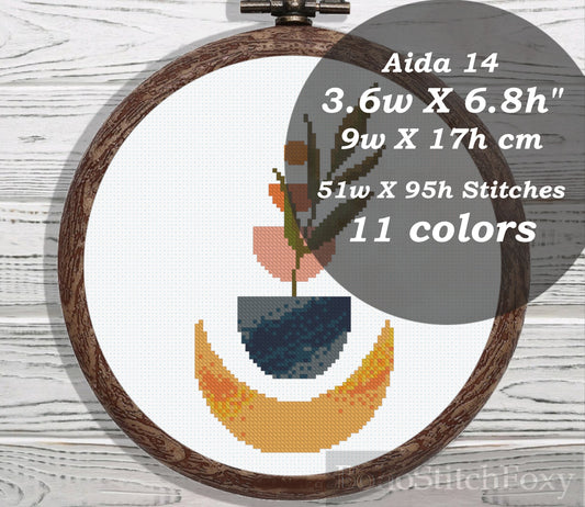 Modern abstract aesthetic pot vase moon phases cross stitch pattern