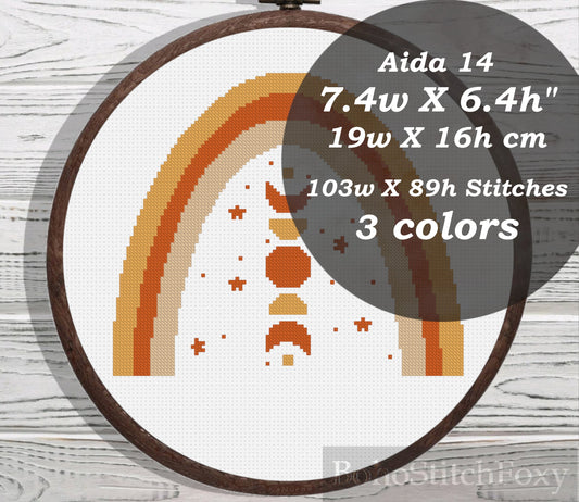Modern boho rainbow moon phases cross stitch pattern