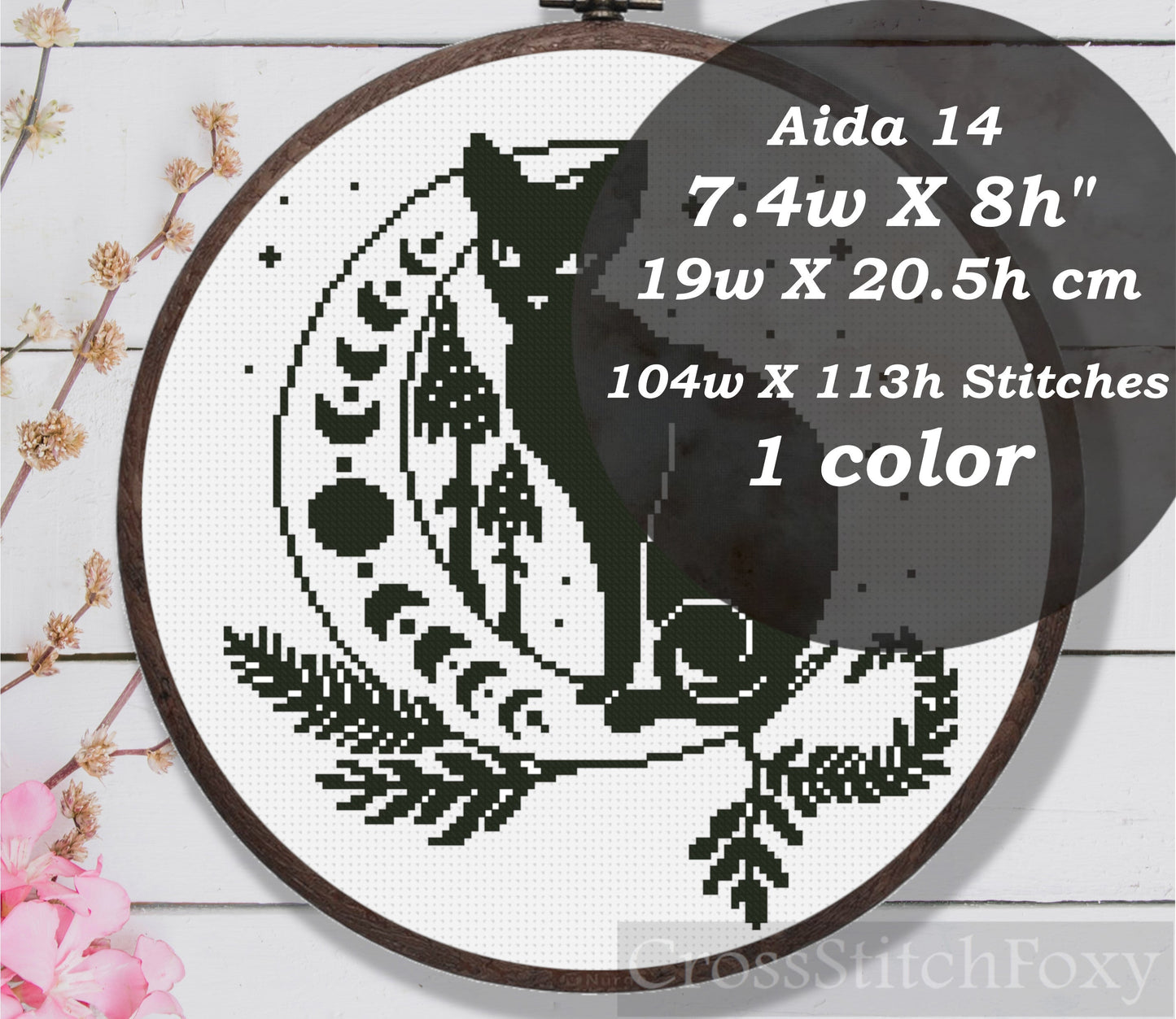 Mystical Cat Moon Mushrooms Cross Stitch Pattern