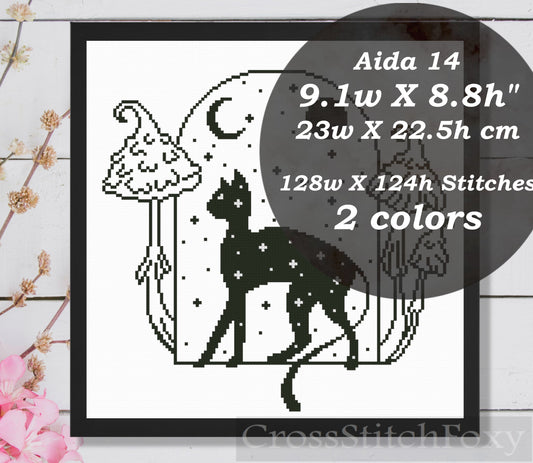 Mystical Cat Moon Mushrooms Cross Stitch Pattern