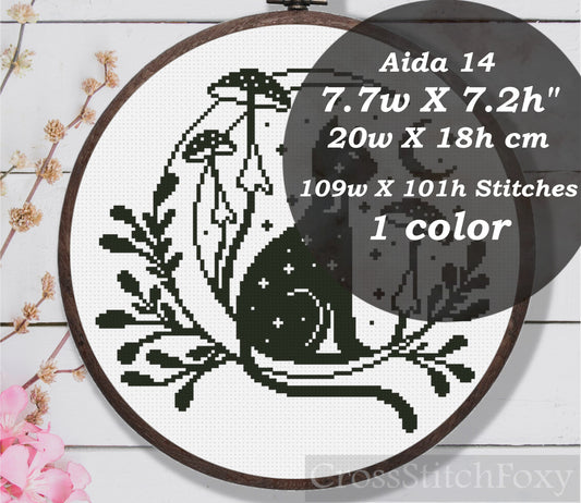 Mystical Cat Moon Mushrooms Cross Stitch Pattern