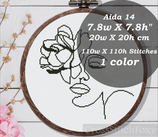 One line art female flower portrait cross stitch pattern