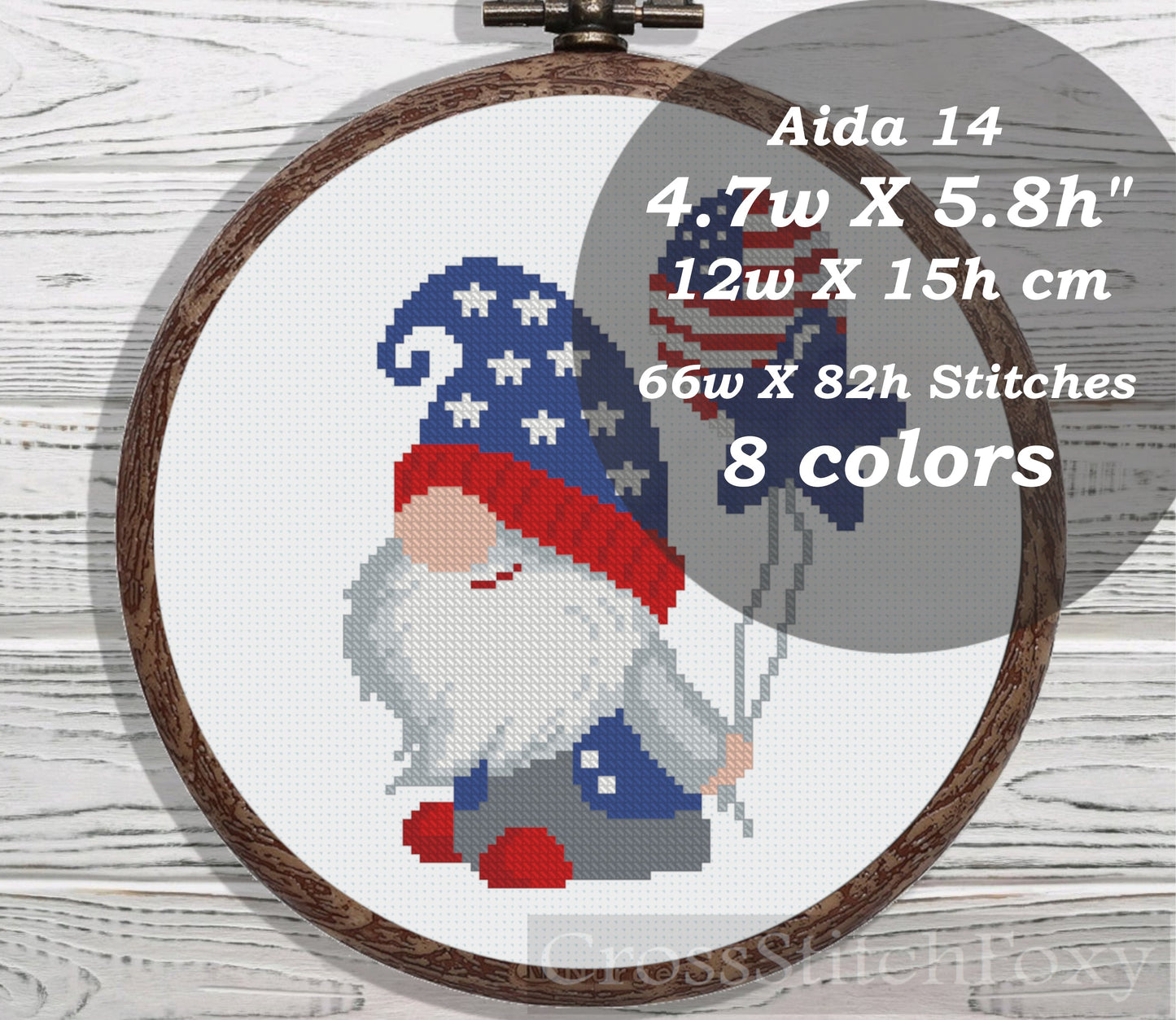 Patriotic Gnome Balloons cross stitch pattern