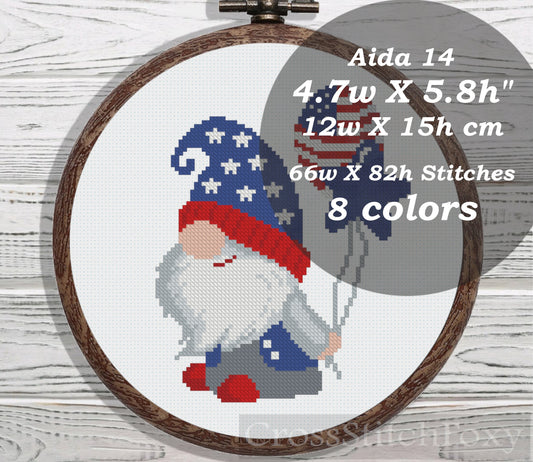 Patriotic Gnome Balloons cross stitch pattern