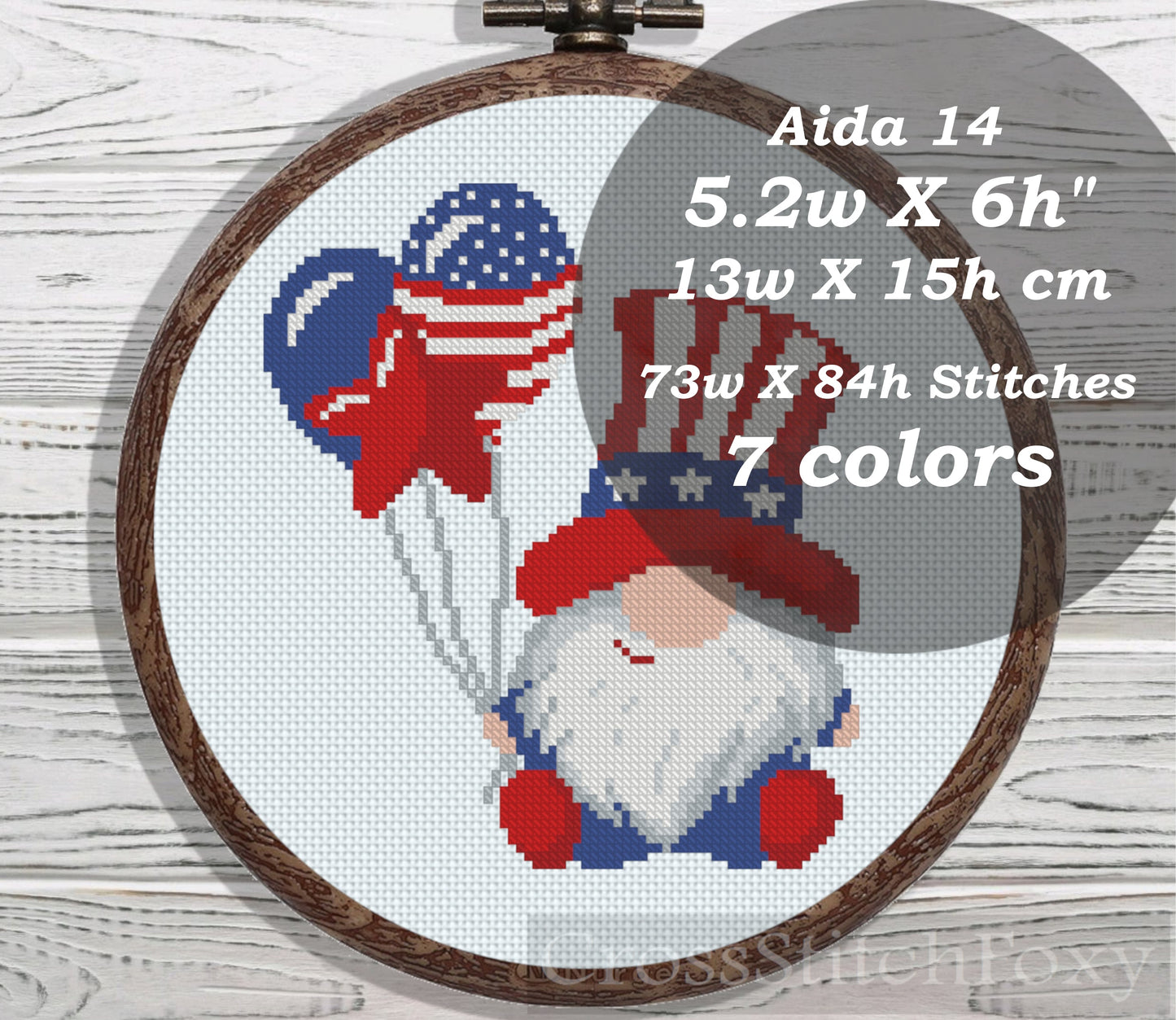 Patriotic Gnome with balloons cross stitch pattern