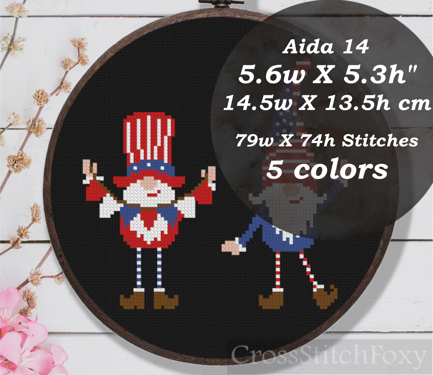 Patriotic th July Tiny Gnomes US Flag Cross Stitch Pattern