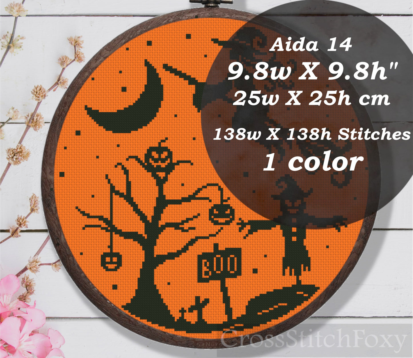 Pretty Witch On Broom Scarecrow Cross Stitch Pattern