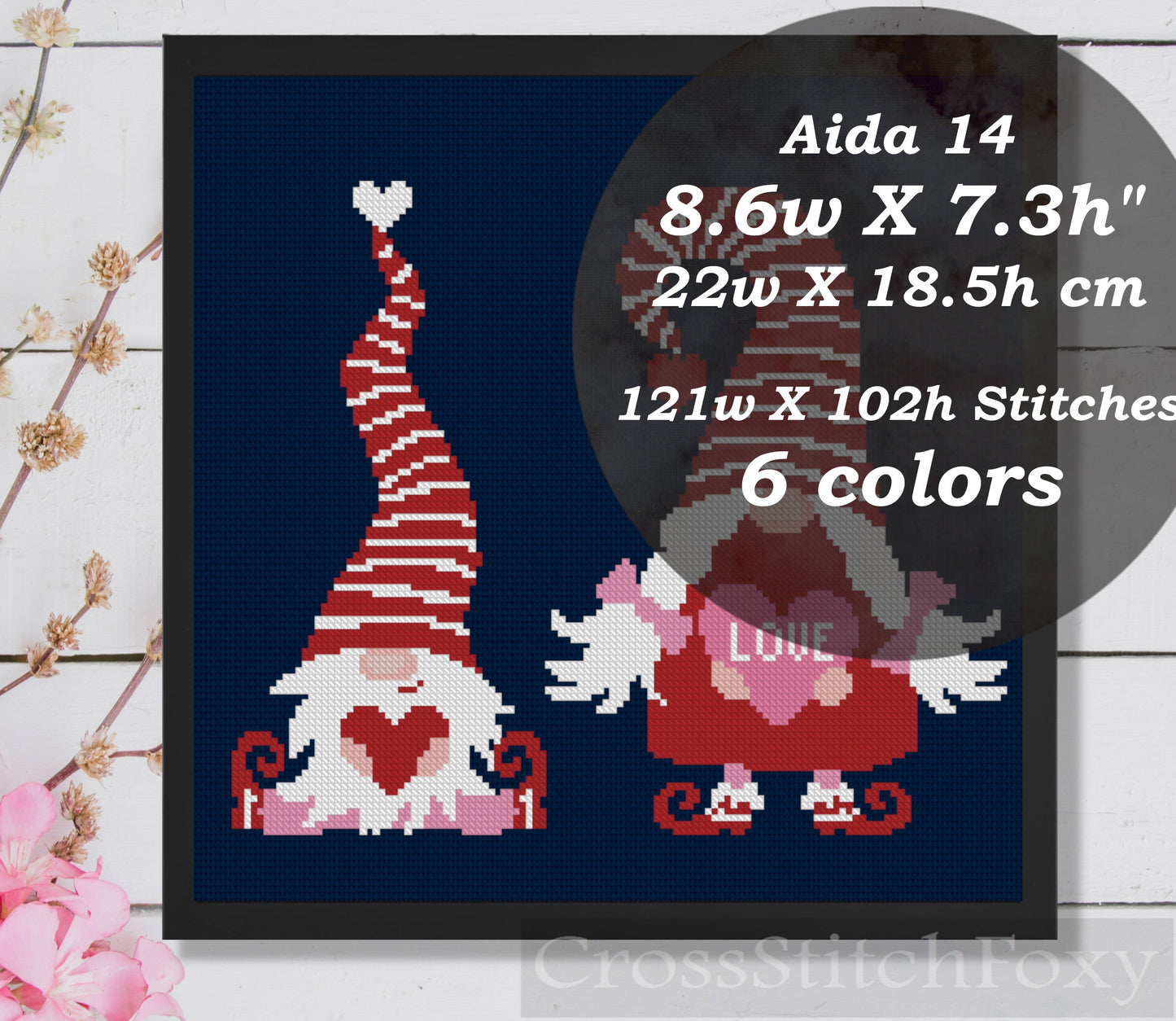 Scandinavian Valentine gnomes cross stitch pattern
