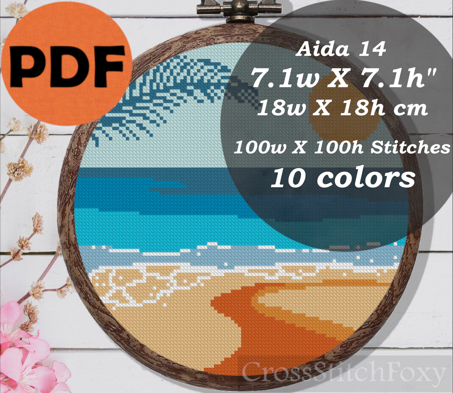 Sea beach sunset palm leaf cross stitch pattern