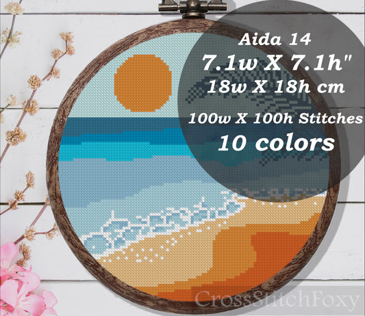 Sea beach sunset palm leaves cross stitch pattern