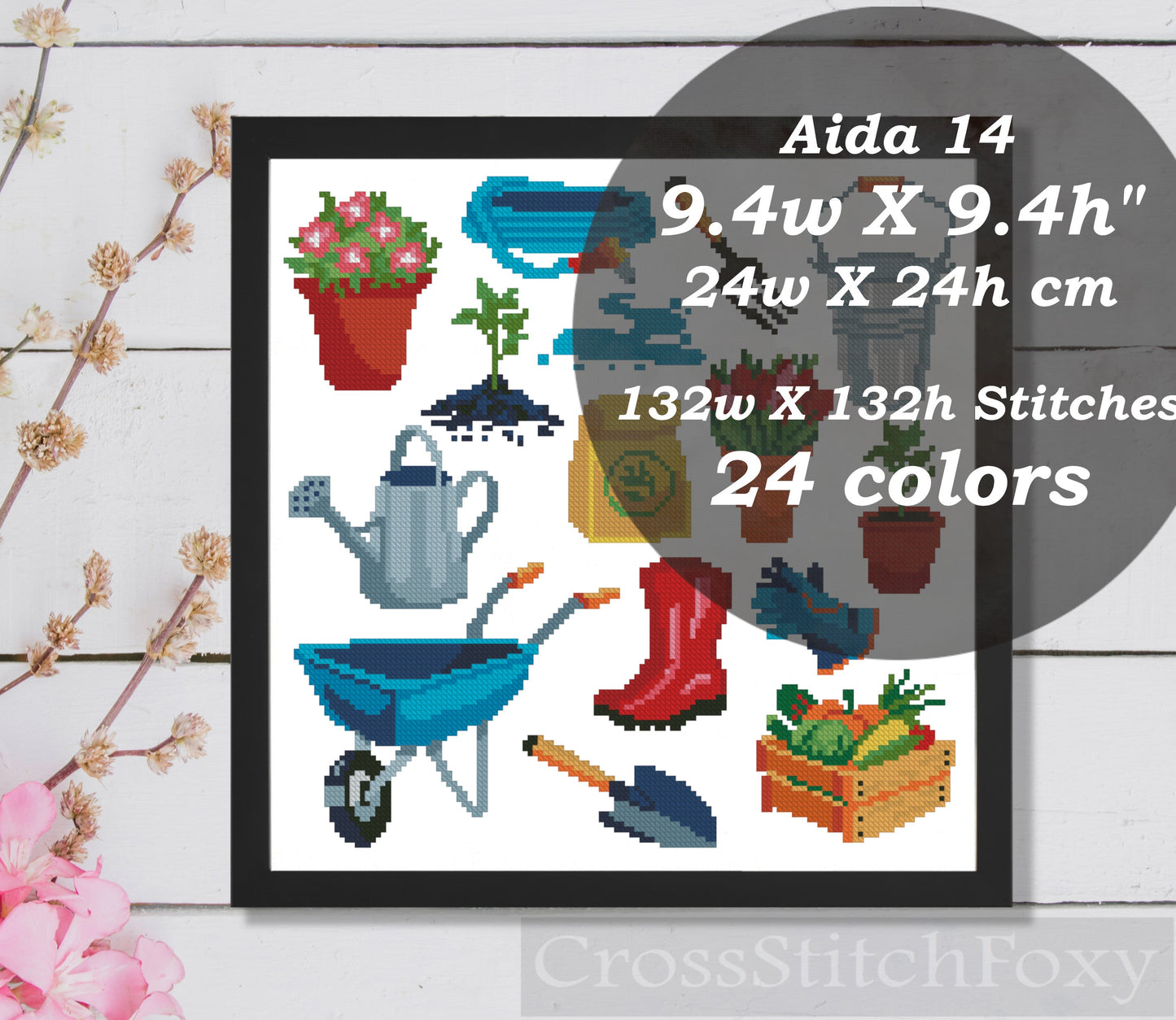 Spring Gardening Elements Flowers Cross Stitch Pattern