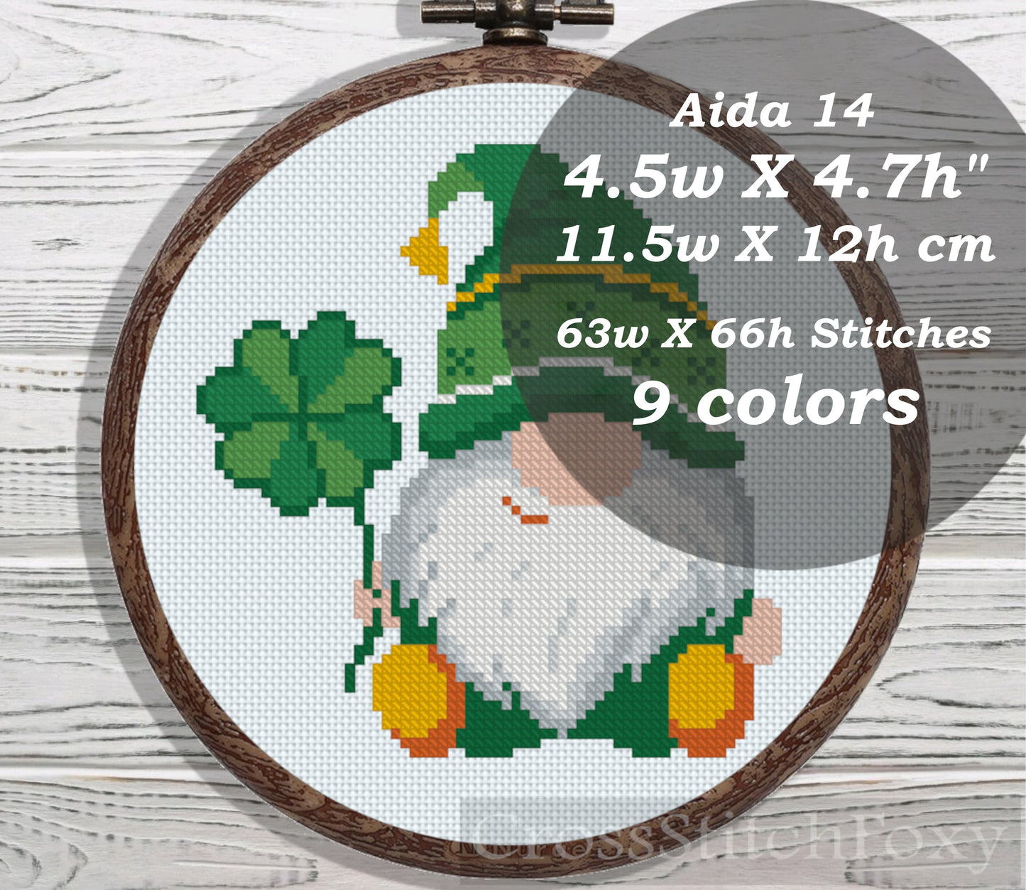 St Patrick Gnome with Shamrock cross stitch pattern