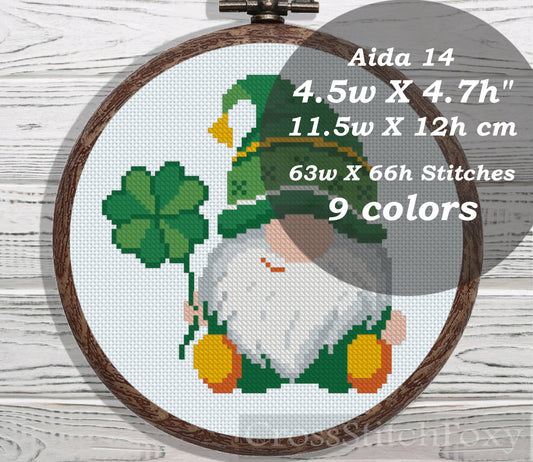 St Patrick Gnome with Shamrock cross stitch pattern