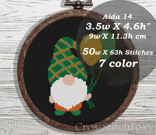 St Patrick Gnome with balloons cross stitch pattern