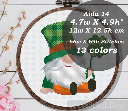 St. Patrick Irish Gnome Tartan Hat Shamrock Cross Stitch Pattern