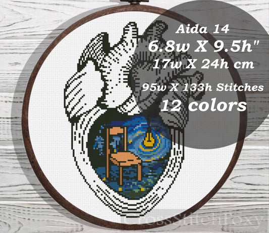 Starry Night Anatomy Heart cross stitch pattern FREE