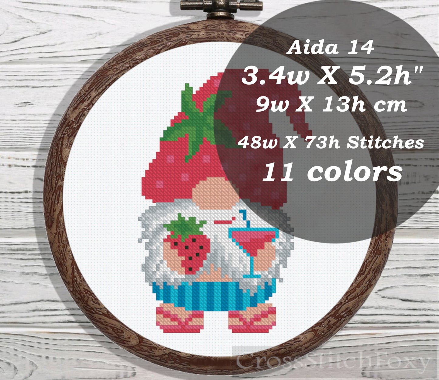 Summer Gnome with strawberry cross stitch pattern