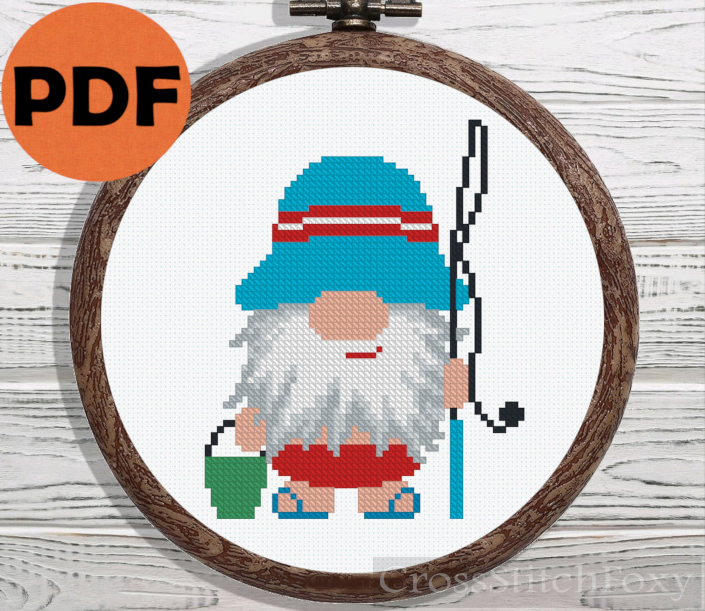 Summer gnome fisherman cross stitch pattern