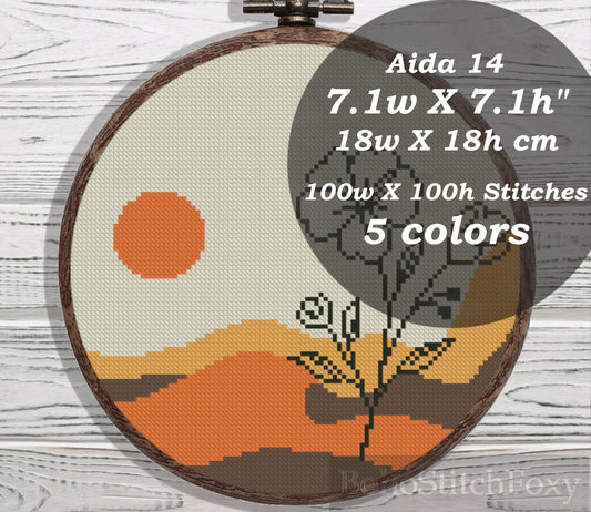 Sunset desert landscape with flowers cross stitch pattern