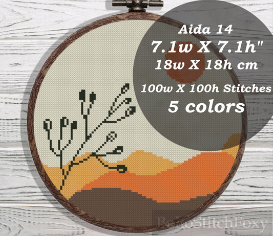 Sunset desert landscape with flowers cross stitch pattern