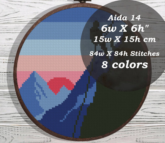 Sunset rock climbing cross stitch pattern