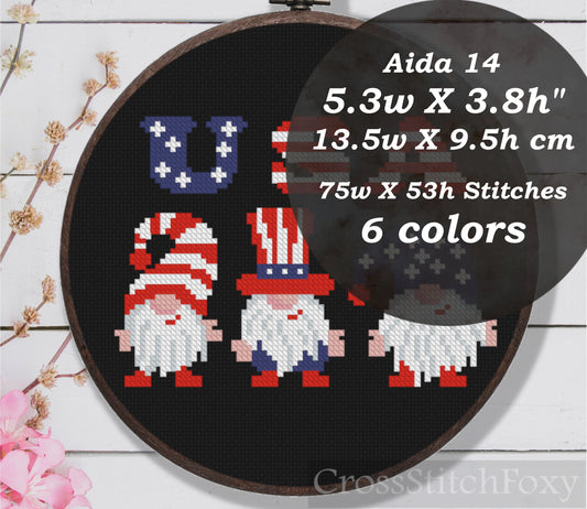 Tiny Patriotic Gnomes th July US Flag Cross Stitch Pattern PDF