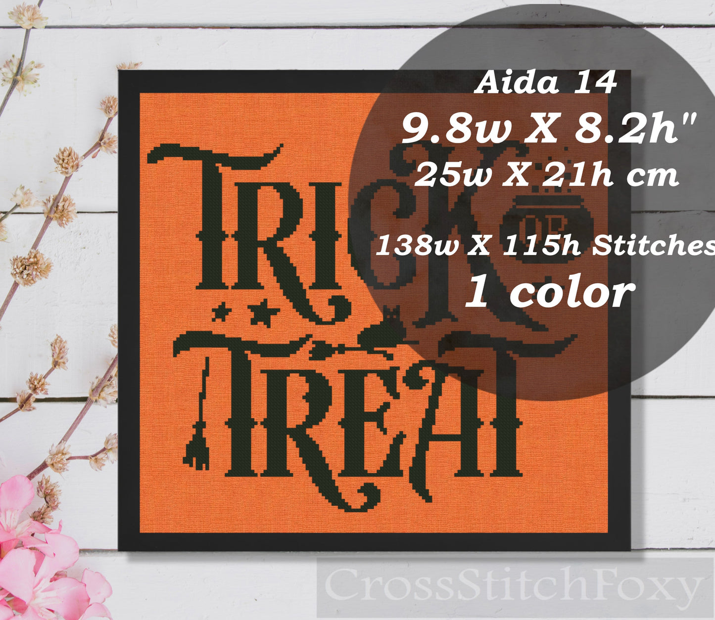 Trick or Treat Cat Witch Broom Cross Stitch Pattern