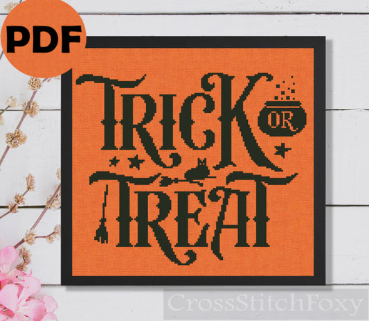 Trick or Treat Cat Witch Broom Cross Stitch Pattern