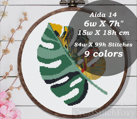 Tropical Plant Monstera Leaf Cross Stitch Pattern